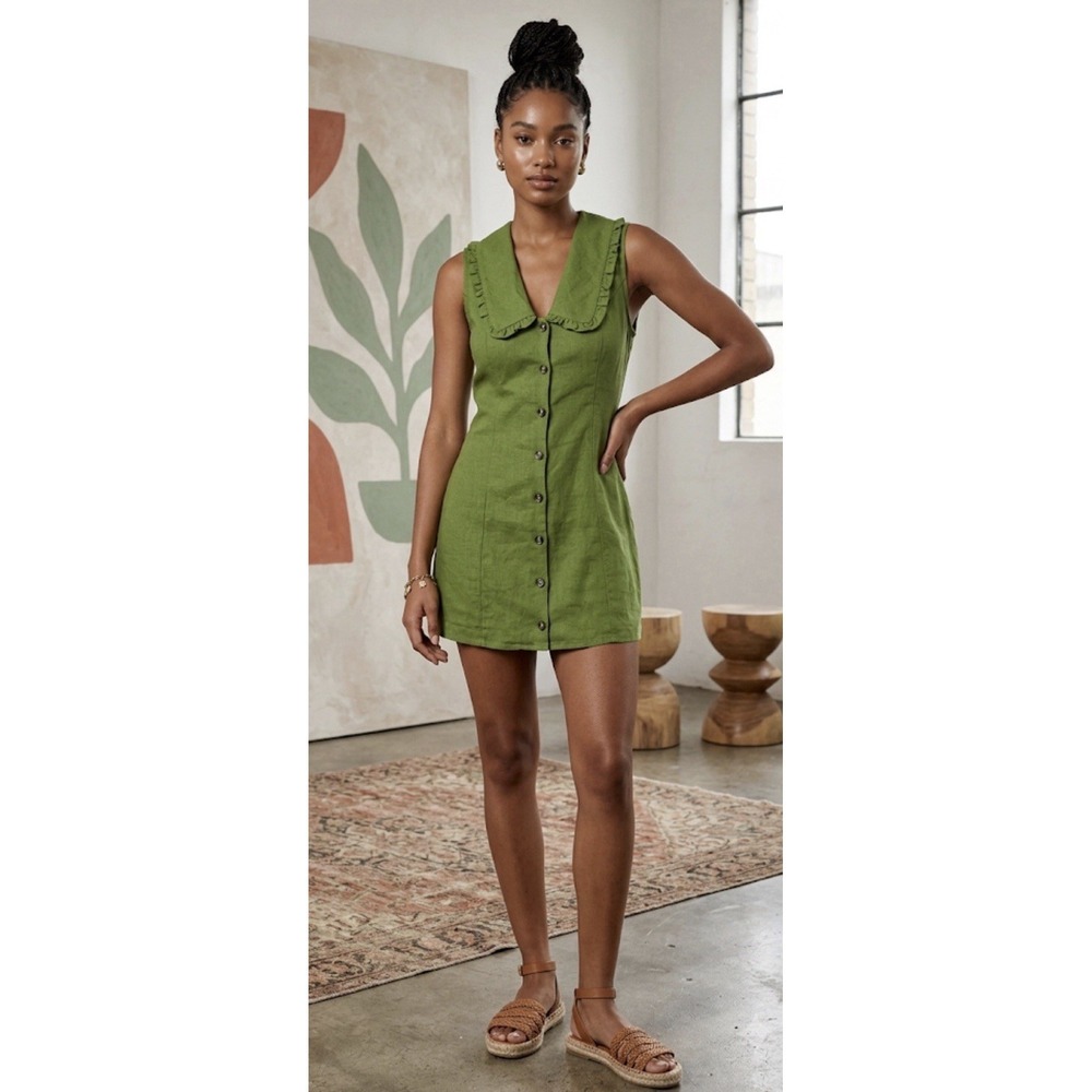 Monteau dress button-front Shirt ruffle Peter Pan collar Linen Green Size Small